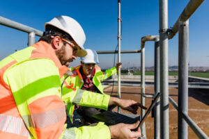 Men in high-vis gear with laptop